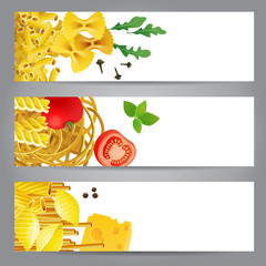 3 banners with different pasta types, tomatoes, mint and spices