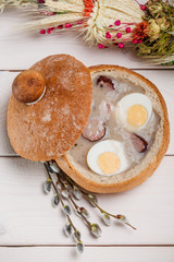 Easter white borscht in bread bowl