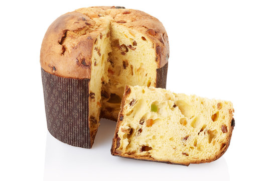 Panettone and slice isolated on white, clipping path