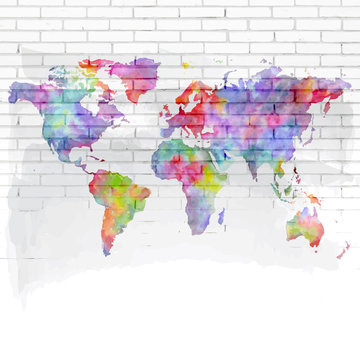 Fototapeta mapa świata akwarela na mur z cegły