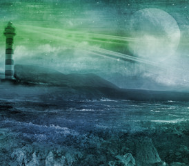old lighthouse on a rock island, grunge abstract landscape with