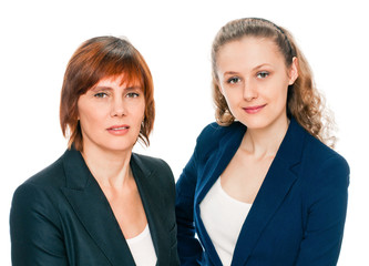 portrait of happy daughter and mother on white