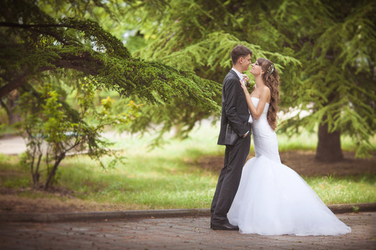 Bride and groom at wedding day in summer