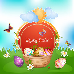 Illustration of basket full of colorful decorated Easter eggs .