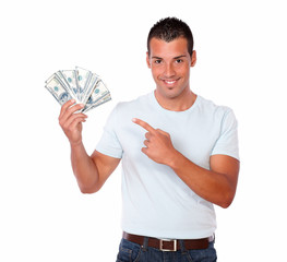 Cute latin man pointing at his cash