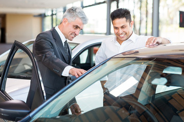 Fototapeta na wymiar car salesman showing a new car to customer