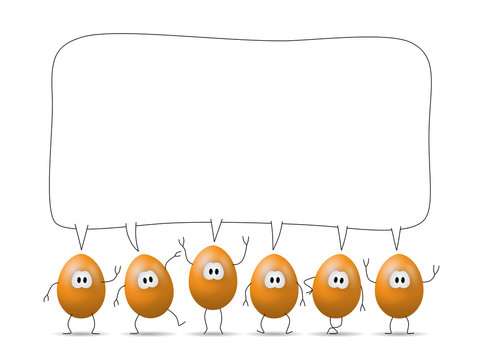 Lustige orange Comic-Eier mit leerer Sprechblase / Textfreiraum