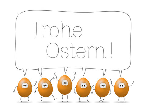 Lustige orange Comic-Eier mit Sprechblase "Frohe Ostern!"