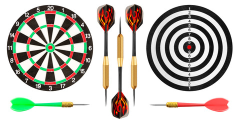dart board and colorful darts isolated on white background