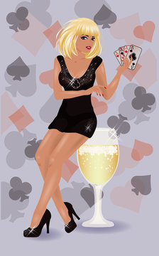 Sexy woman with poker cards and wine, vector