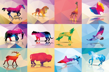 Collection of geometric polygon animals, patter design, vector