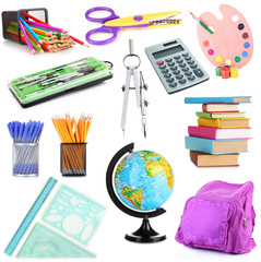 Collage of school supplies isolated on white