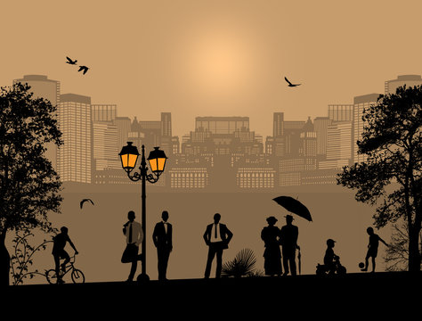 beautiful cityscape and people silhouette