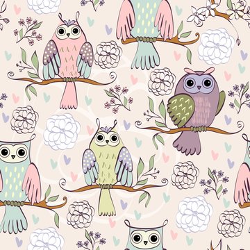 illustration with owl sitting on the branches