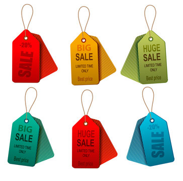 Set of colorrful sale tags. Concept of discount shopping. Vector
