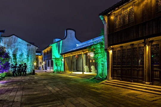 Night scene of traditional building near the river