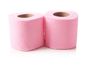 Color toilet paper rolls isolated on white