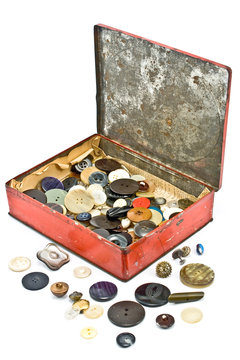 Clothing buttons collection in old tin box