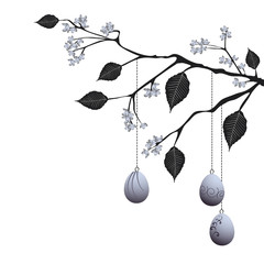 Easter Eggs are hanging on the flowering branch, vector illustra