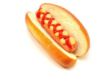 hot dog with tomato ketchup and mustard