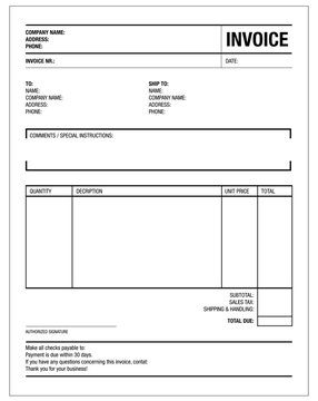 Template of unfill paper tax invoice form