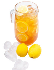 Ice lemon tea over white background