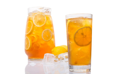 Ice lemon tea over white background