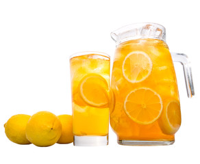 Ice lemon tea over white background