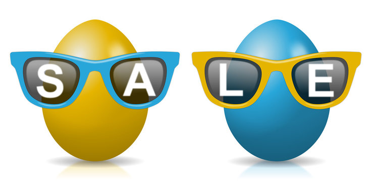 2 gelb-blaue Ostereier mit Sonnenbrillen und Schriftzug "SALE"