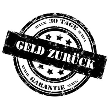 Geld zur&uuml;ck, 30 Tage. Runder Stempel, Grunge, Kratzer