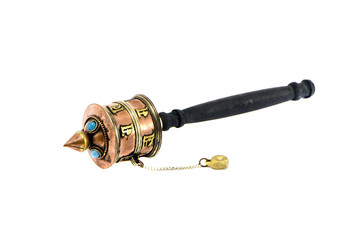 tibetan buddhist prayer wheel isolated on white