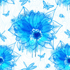 Abstract wallpaper of flowers with blue watercolor