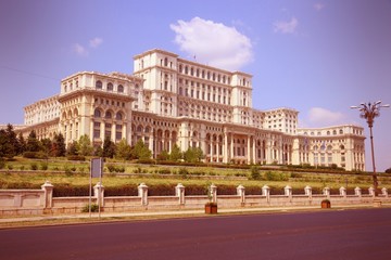 Fototapeta na wymiar Bucharest, Romania - Parliament Palace. Cross processed color