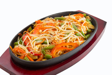 Thai noodles with vegetables isolated on white background