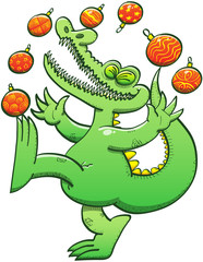Green crocodile having fun while juggling Christmas baubles