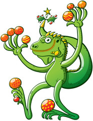 Fototapeta premium Green iguana winking while holding a lot of Christmas balls