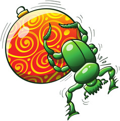Green dung beetle pushing a Christmas ball
