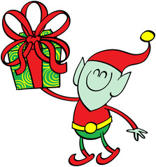Green elf giving a Christmas present