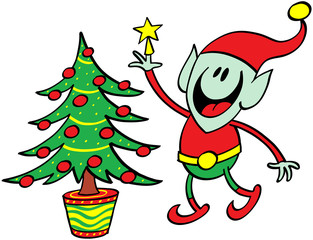 Green elf decorating a Christmas tree