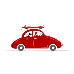 Man and dog in red car with skis on the roof rack