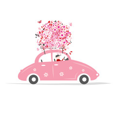 Man driving pink car with floral bouquet on roof