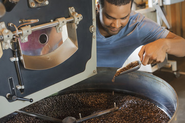 Machinery at a coffee bean processing shed heating and  roasting coffee beans being supervised by a young man. 