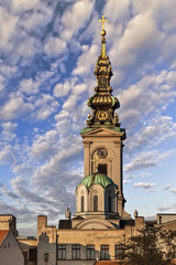 Fototapeta na wymiar Patriarchy Dome With St. Michael's Cathedral Bell Tower - Belgra