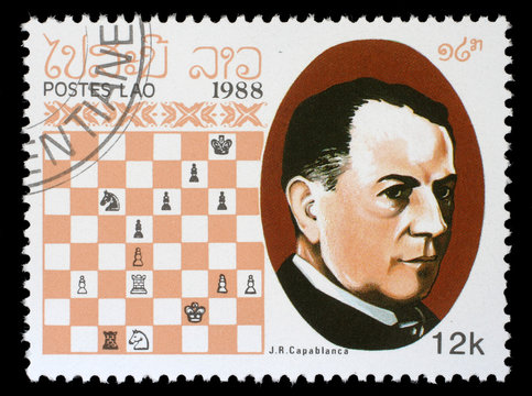 Stamp printed in Laos, shows J.R.Capablanca, Chess Champion