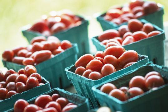 Organic red cherry tomatoes in boxes on a market stall.  