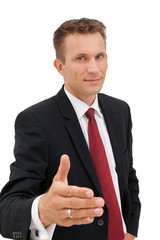 Young business man ready to set a deal over white background.