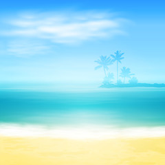Fototapeta na wymiar Beach and tropical sea with island and palm trees.