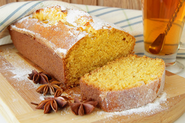 Sponge cake made from corn flour and a cup of tea
