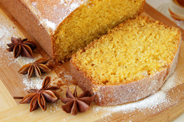 Sponge cake made of corn and sliced loaf of his