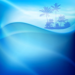 Fototapeta na wymiar Water wave and island with palm trees in sunny day.